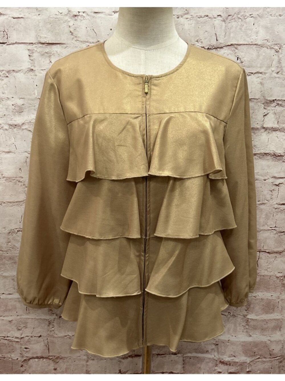 Sharon Young Womens M Zip Up Jacket Tiered Ruffle Cropped Gold Shimmer Metallic